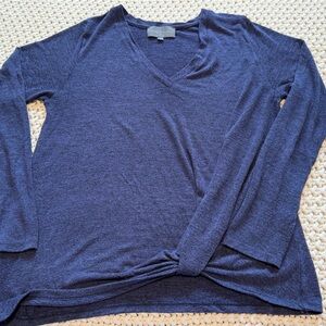 Sunday in Brooklyn Deep Navy V-Neck Long Sleeve Top with Twist Hem